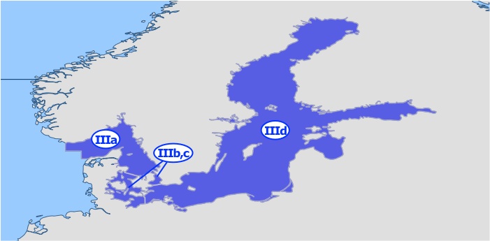 Podoblast 27.3 – Skagerrak, Kattegat, Öresund, Velký a Malý Belt a Baltické moře; Öresund a Velký a Malý Belt jsou společně také označeny jako oblast přechodu (Podoblast III)