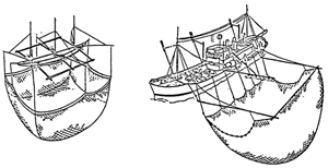 Filets soulevés manœuvrés par bateau